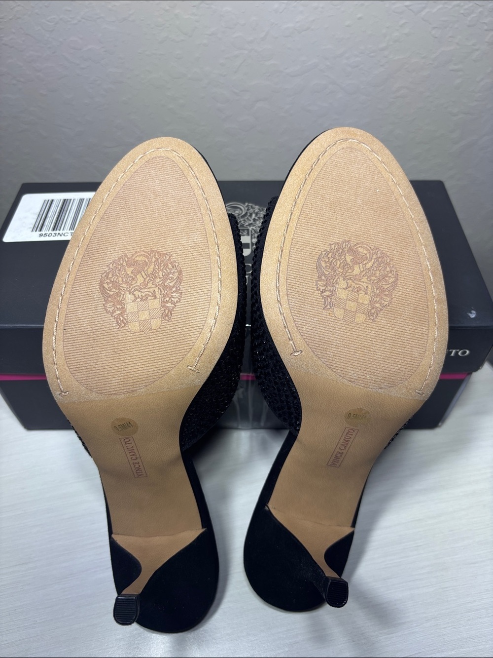 NIBox Vince Camuto Crystal Embellished Black Mule Heels Evening Shoes 9.5 - Picture 6 of 6